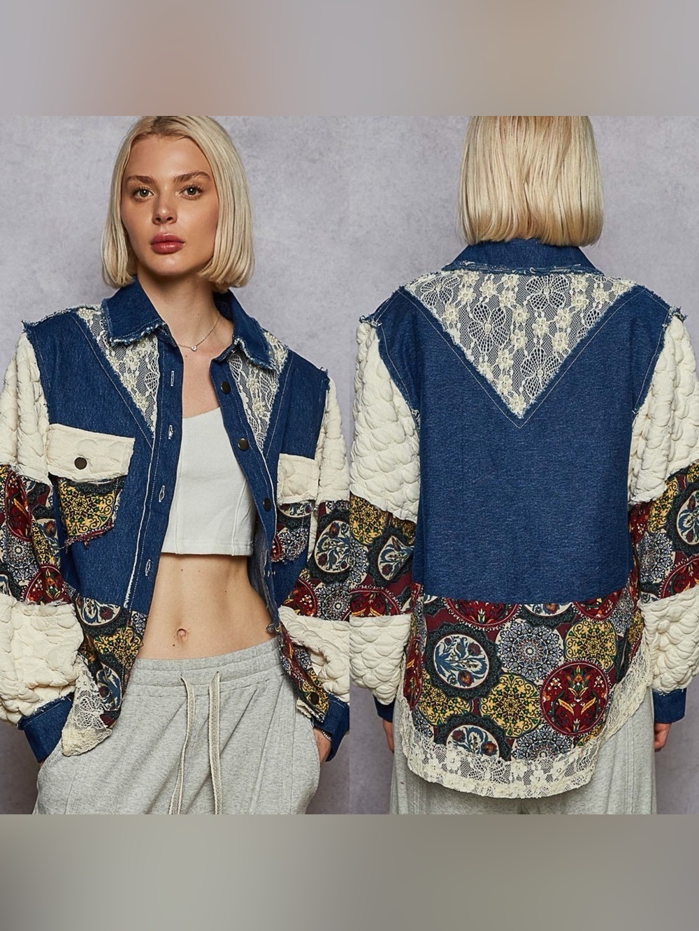 POL Denim Blue Balloon Sleeve Patchwork Jacket Boho Lace Back Size Medium